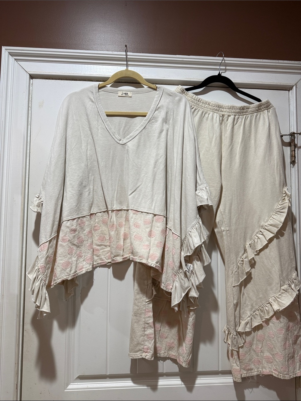 Set of top & pants. Cream V-Neck Ruffle Tunic with Soft Pink Dot Accent